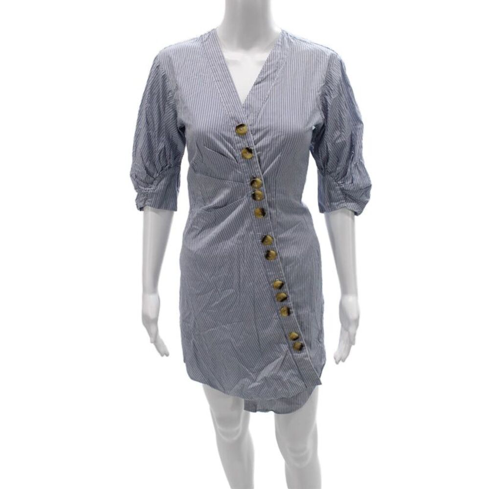 Tibi Women Blue Cotton Striped Shirt Wrap Dress V Neck 3/4 Sleeve Button Size 0